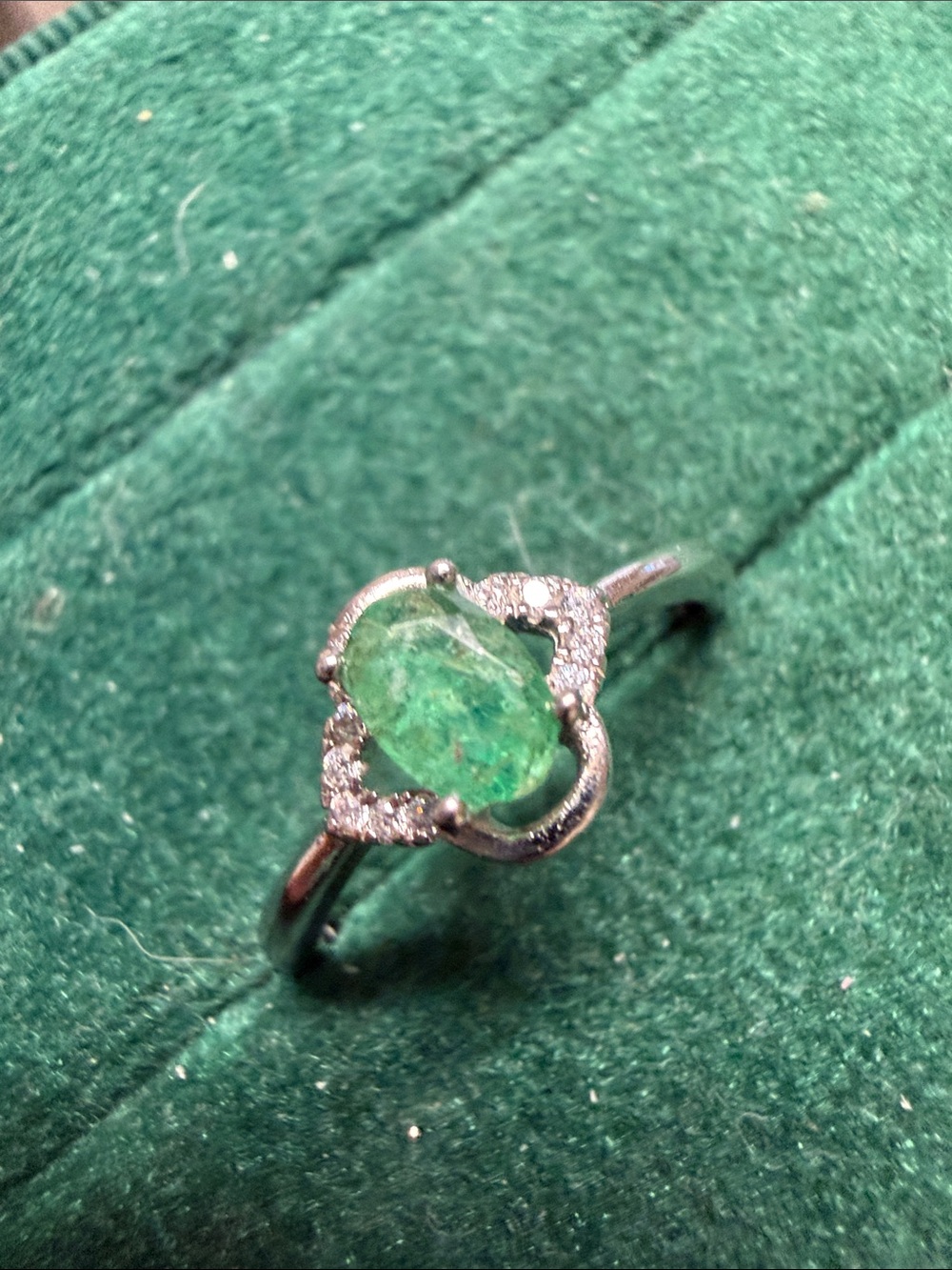 Emerald Halo Silver Ring - Green Gemstone Accent Ring size 7 adjustable